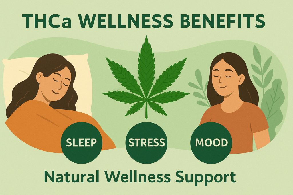 Illustration showing THCa wellness benefits for sleep, stress, and mood support in a natural wellness lifestyle.